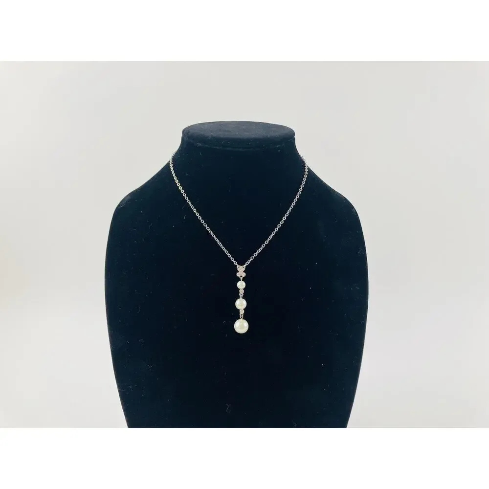 GIVENCHY Logo Pearl Silver Tone Pendant Drop Necklace Rhinestones Diamond Shape